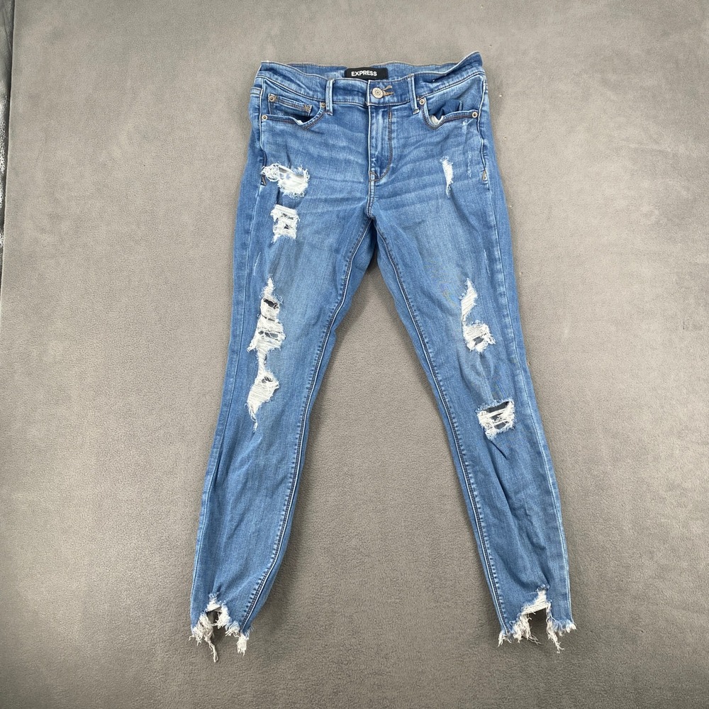 Express Performance Ankle Legging Mid Rise Distressed Jeans Blue Size 8